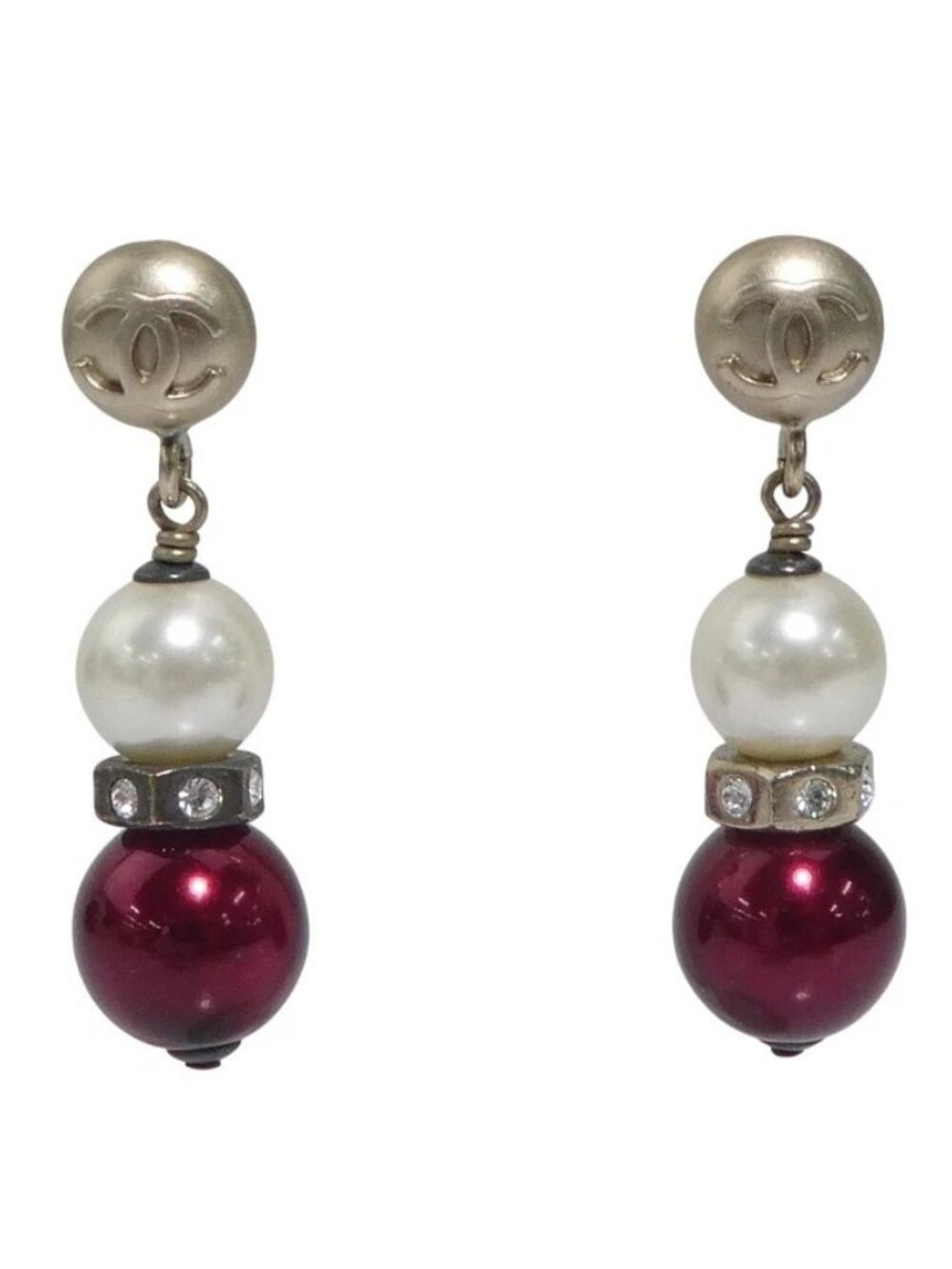 CHANEL CC Logo Pierce Earrings Gold/White/Burgundy Metal/Faux Pearl